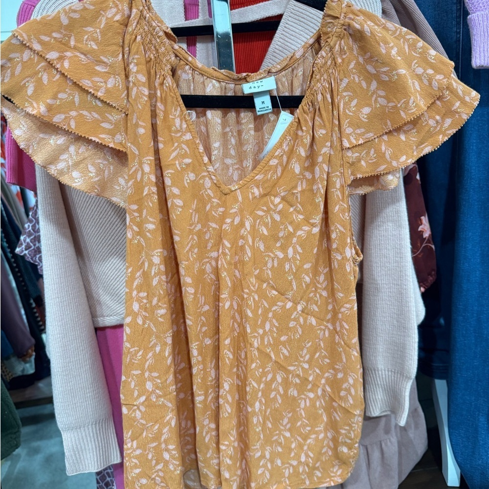 a new day Orange Floral Blouse with Ruffle Sleeves